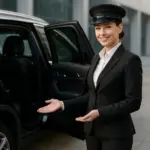 Female chauffeur in professional attire opening door of black luxury SUV limousine, welcoming gesture, immaculate uniform, attention to detail, corporate setting, 8k photorealistic, shallow depth of field, morning light