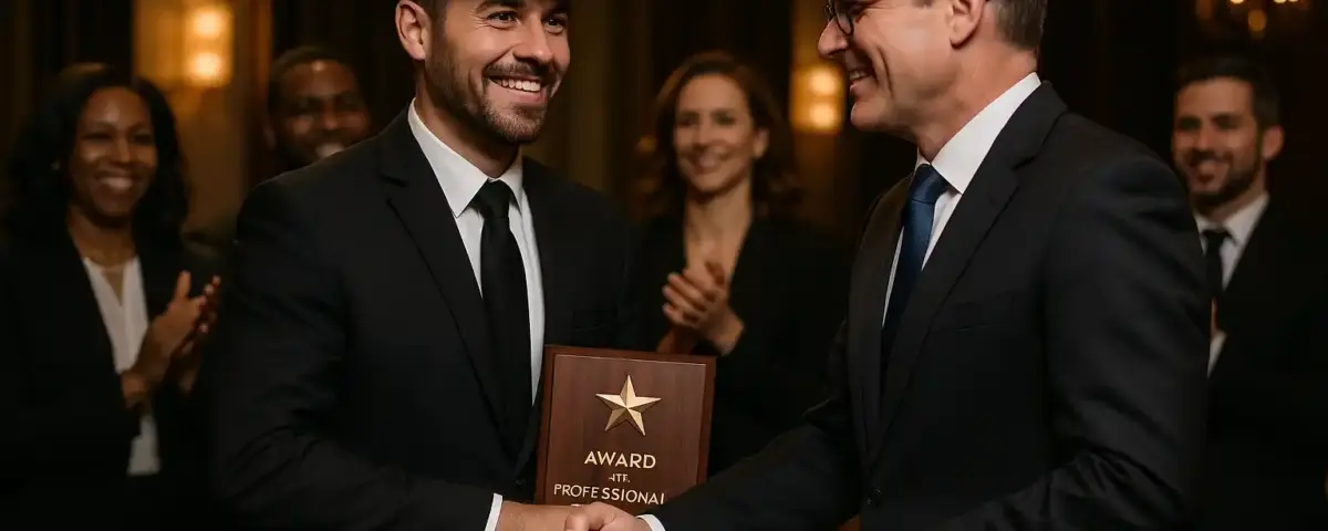 Chauffeur receiving award for professional excellence, recognition ceremony, handshake with company director, proud moment, formal business attire, corporate event setting, other staff applauding, elegant venue, evening lighting