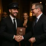 Chauffeur receiving award for professional excellence, recognition ceremony, handshake with company director, proud moment, formal business attire, corporate event setting, other staff applauding, elegant venue, evening lighting