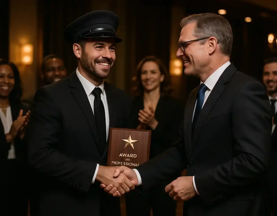 Chauffeur receiving award for professional excellence, recognition ceremony, handshake with company director, proud moment, formal business attire, corporate event setting, other staff applauding, elegant venue, evening lighting