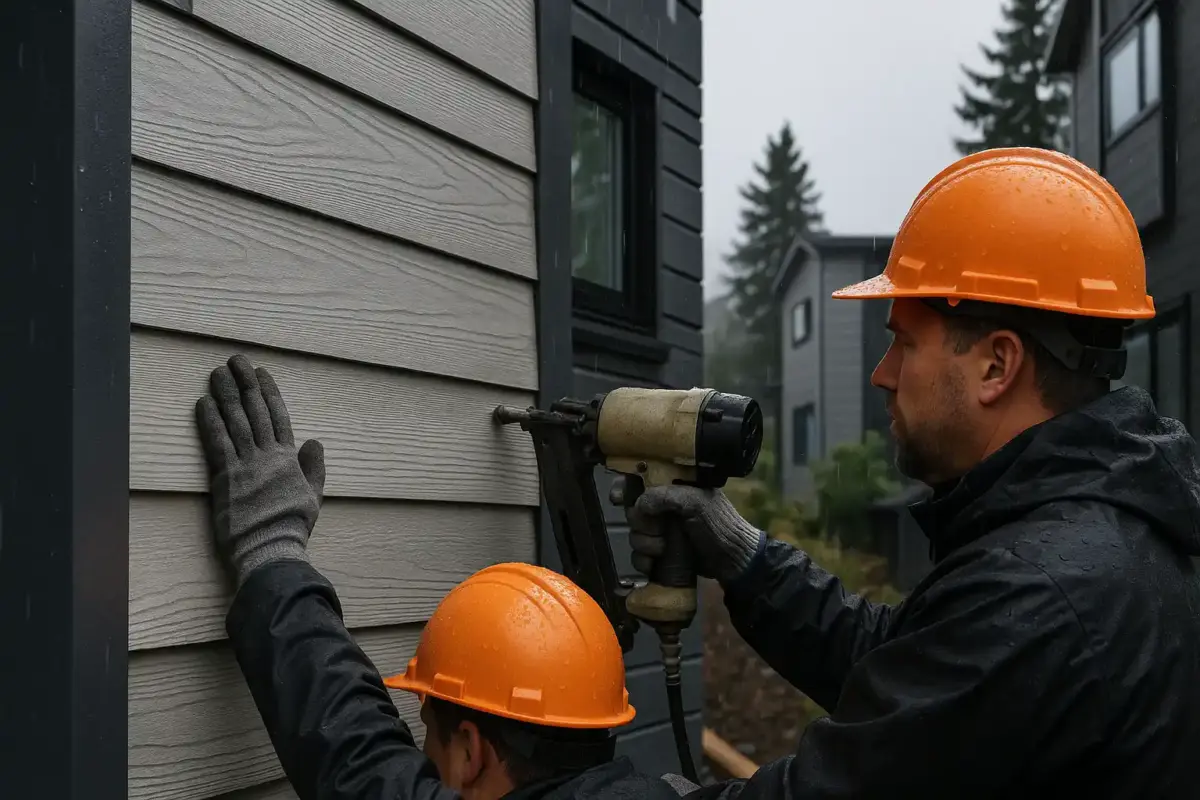 Close-up of contractors installing fiber cement siding on a modern Seattle home, rainy weather in background