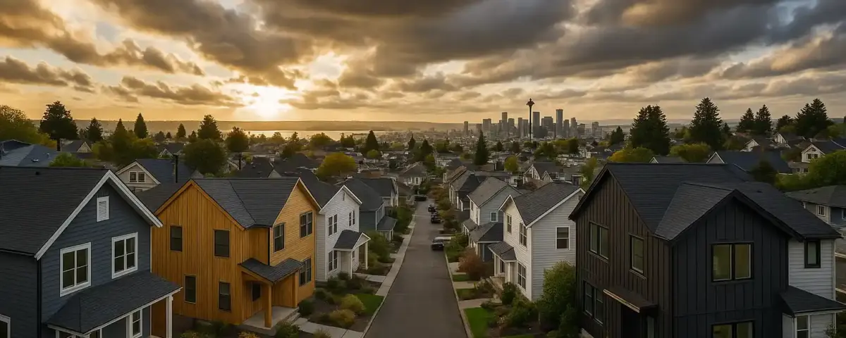 Aerial view of a Seattle neighborhood in 2025, showing homes with fresh siding in different materials, dramatic Pacific Northwest sky