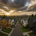 Aerial view of a Seattle neighborhood in 2025, showing homes with fresh siding in different materials, dramatic Pacific Northwest sky