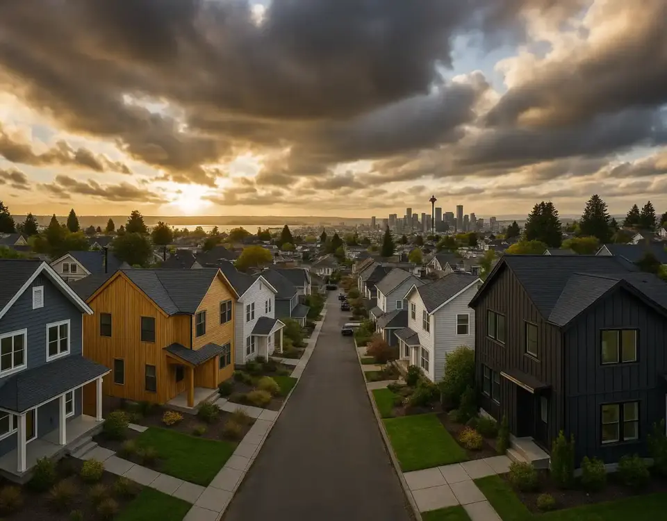 Aerial view of a Seattle neighborhood in 2025, showing homes with fresh siding in different materials, dramatic Pacific Northwest sky