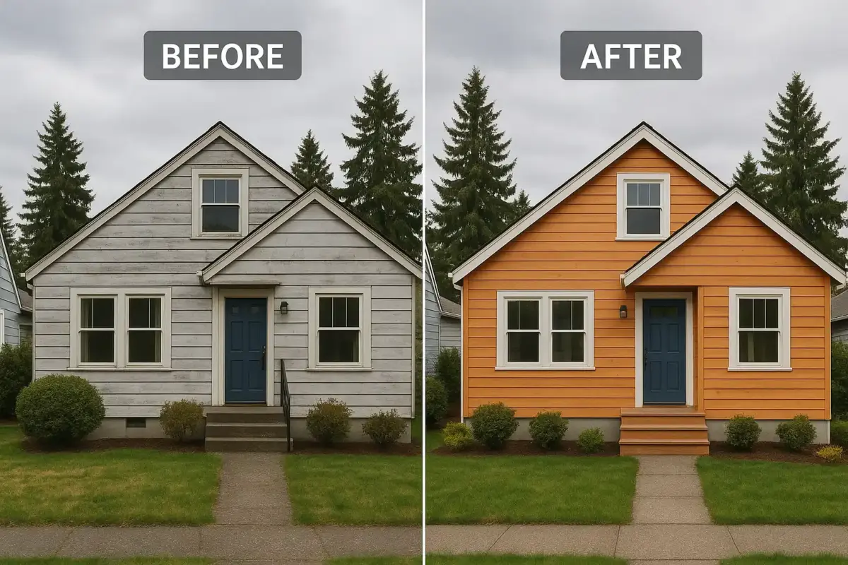 Before-and-after transformation of a house exterior with old, worn siding replaced by new wood siding, suburban Seattle setting.