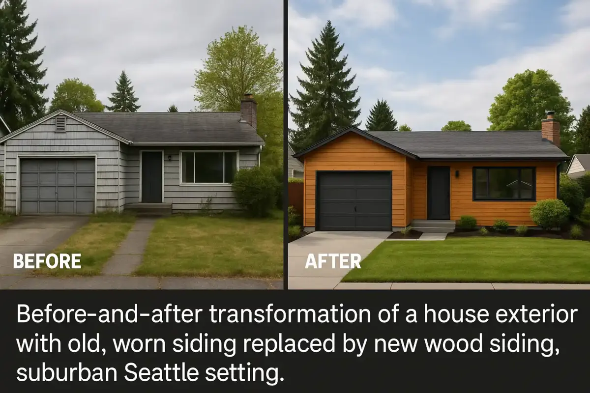 Before-and-after transformation of a house exterior with old, worn siding replaced by new wood siding, suburban Seattle setting.