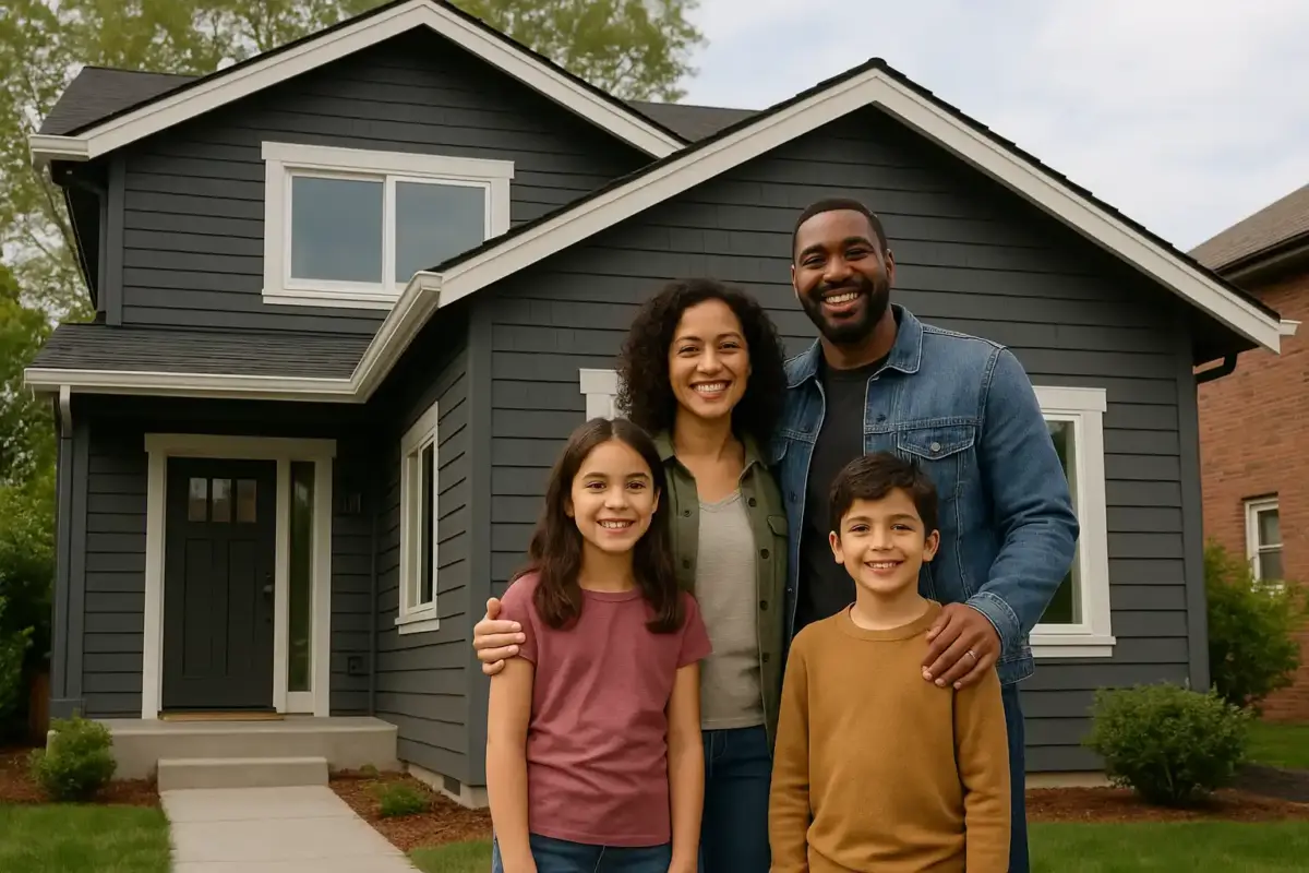 Modern Seattle family standing proudly in front of their freshly remodeled home with new siding.