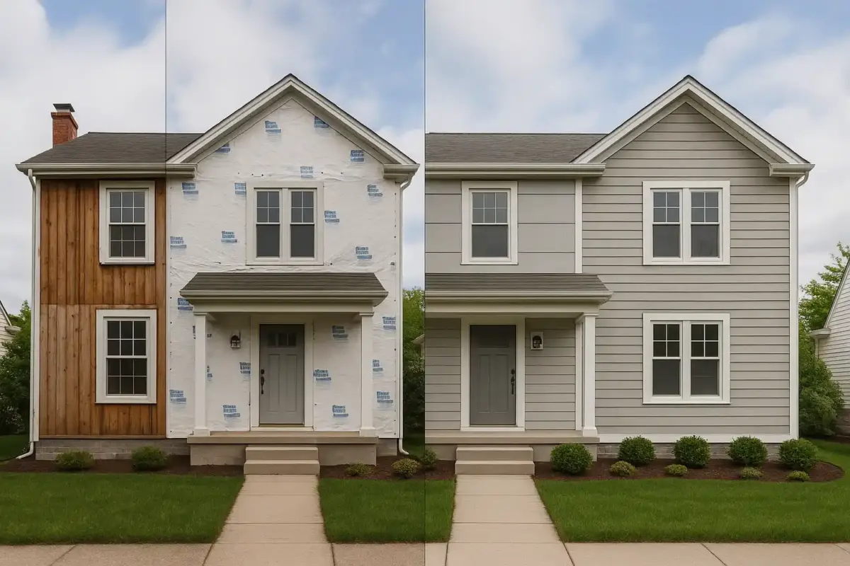 Time-lapse concept of siding replacement from start to finish, showing material layers and final curb appeal shot