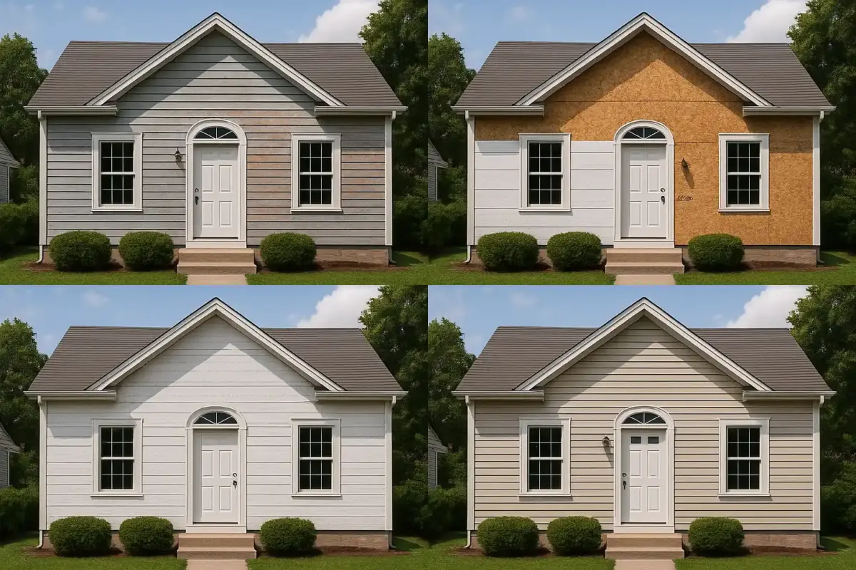 Time-lapse concept of siding replacement from start to finish, showing material layers and final curb appeal shot.